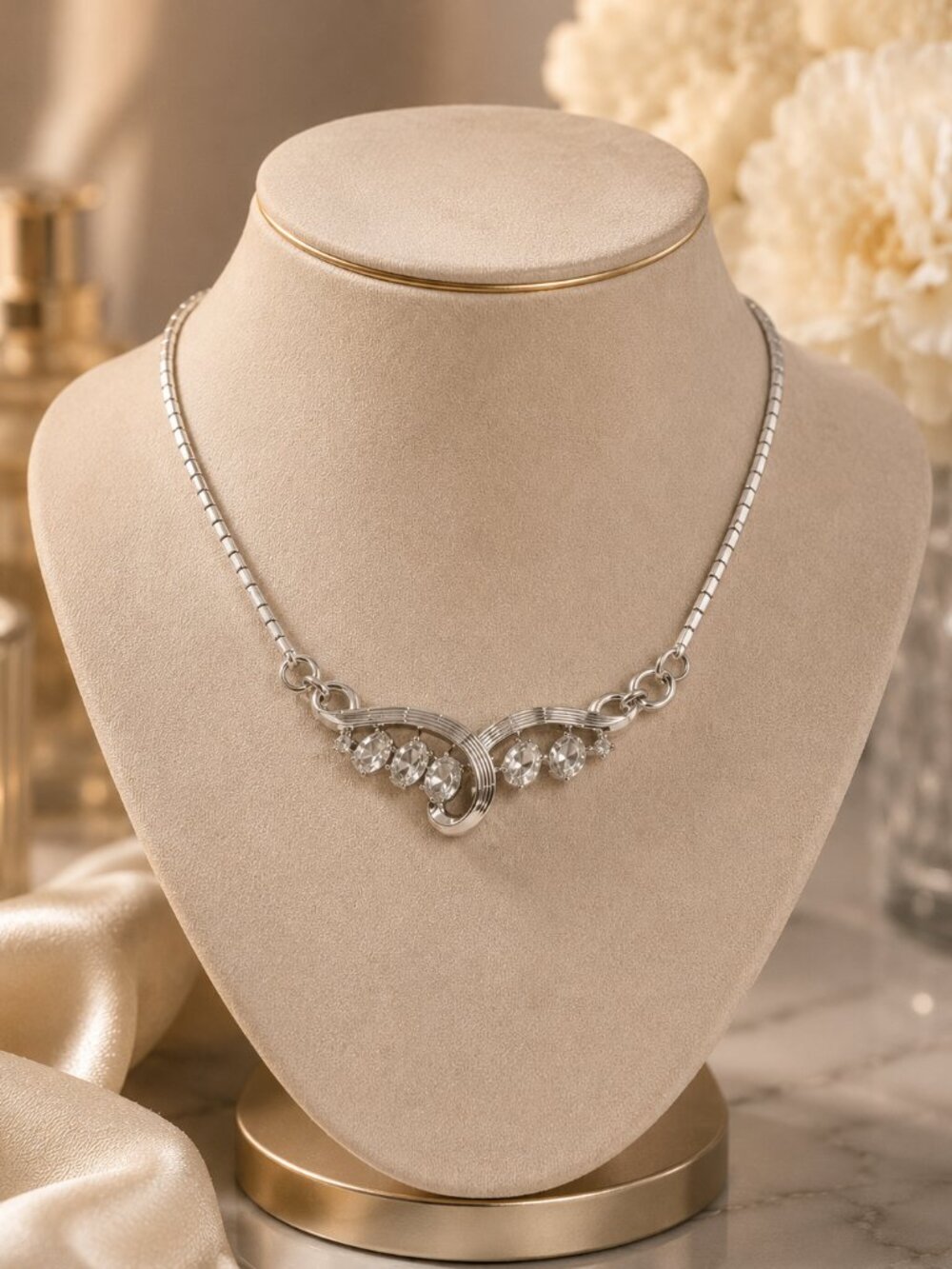Vintage Trifari Rhinestone V-Necklace Early 1950s Patent Pending